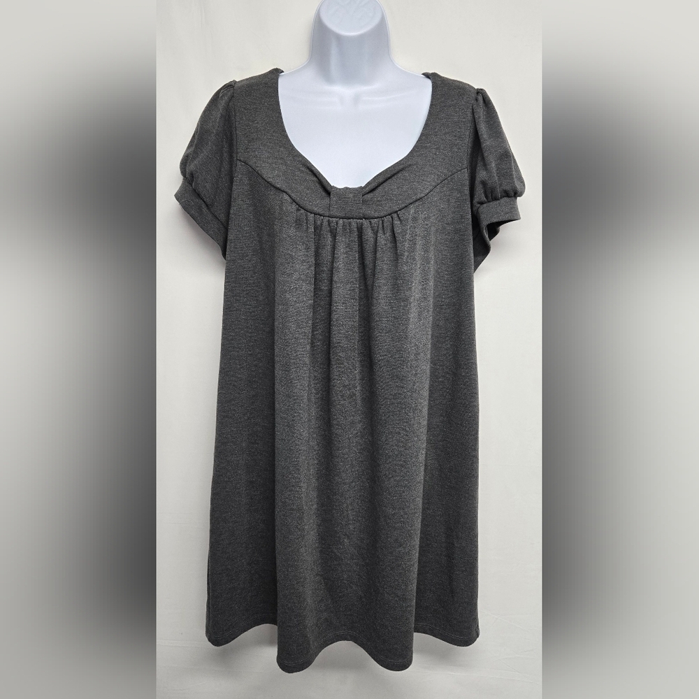 En Focus Women 16W Gray Short Sleeve Tunic Mini Dress Gathered Pleats